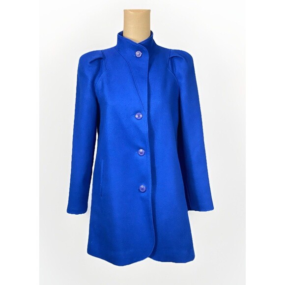 Vintage 80s Wool Blue Button Up Overcoat Mid Length Made In USA Women’s Xs - Picture 1 of 8
